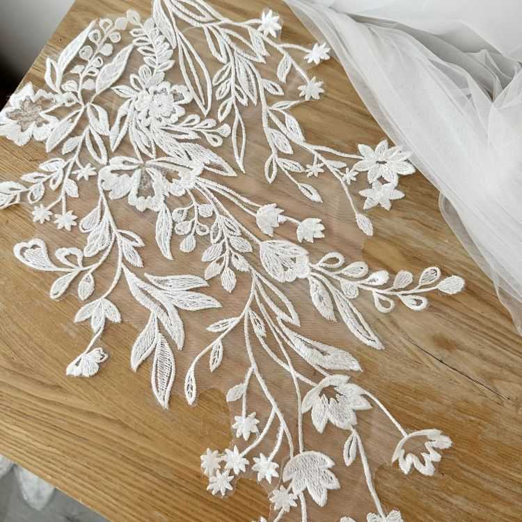 1 Yard Piece Pair White Corded Sequined Beaded Embroidered Guipure Bridal Lace Trim Applique Material Fabric SX179