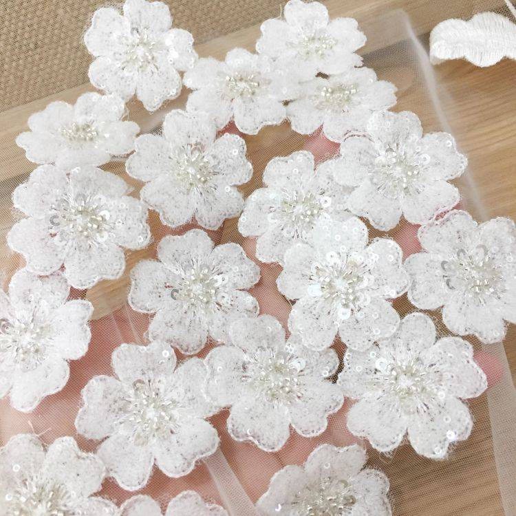 1 Yard Piece Pair White Corded Sequined Beaded Embroidered Guipure Bridal Lace Trim Applique Material Fabric SX189