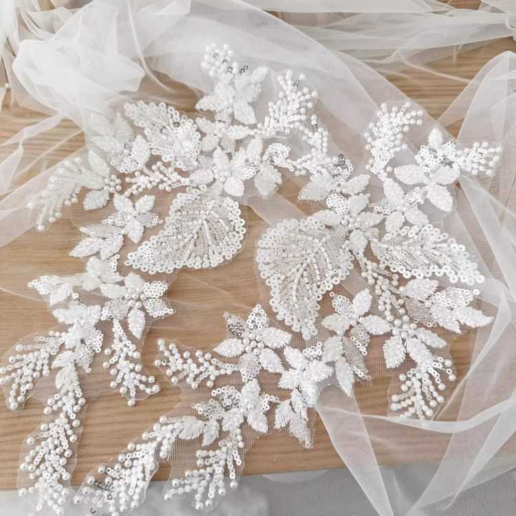 1 Yard Piece Pair White Corded Sequined Beaded Embroidered Guipure Bridal Lace Trim Applique Material Fabric SX186