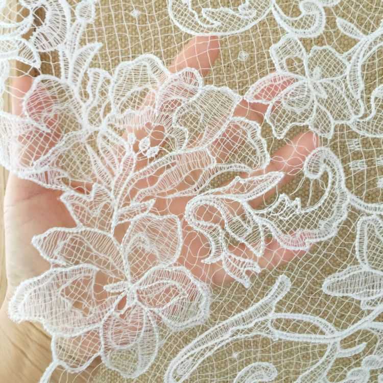 1 Yard Piece Pair White Corded Sequined Beaded Embroidered Guipure Bridal Lace Trim Applique Material Fabric SX175