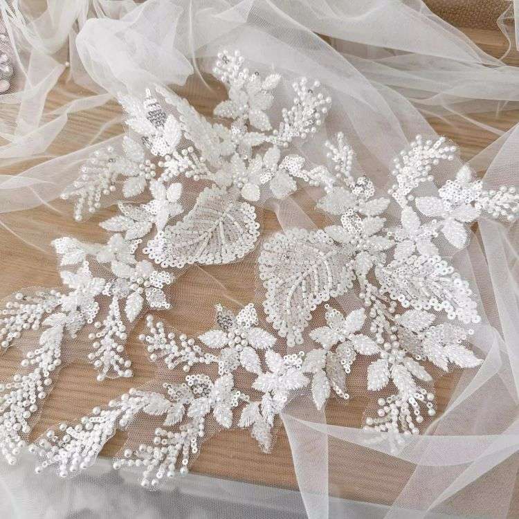 1 Yard Piece Pair White Corded Sequined Beaded Embroidered Guipure Bridal Lace Trim Applique Material Fabric SX186