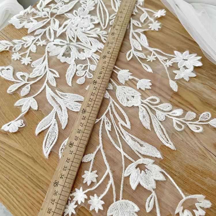 1 Yard Piece Pair White Corded Sequined Beaded Embroidered Guipure Bridal Lace Trim Applique Material Fabric SX179