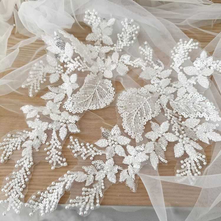 1 Yard Piece Pair White Corded Sequined Beaded Embroidered Guipure Bridal Lace Trim Applique Material Fabric SX186