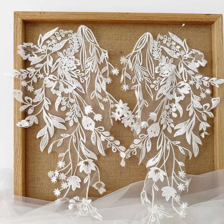 1 Yard Piece Pair White Corded Sequined Beaded Embroidered Guipure Bridal Lace Trim Applique Material Fabric SX179