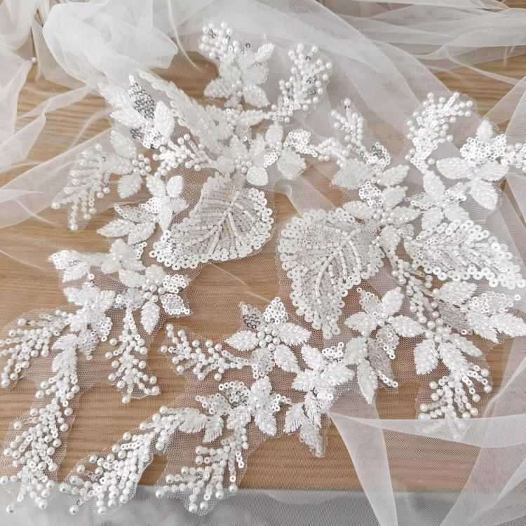 1 Yard Piece Pair White Corded Sequined Beaded Embroidered Guipure Bridal Lace Trim Applique Material Fabric SX186