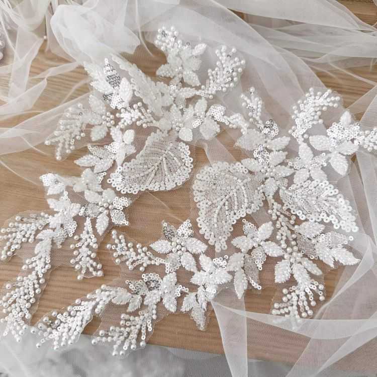 1 Yard Piece Pair White Corded Sequined Beaded Embroidered Guipure Bridal Lace Trim Applique Material Fabric SX186