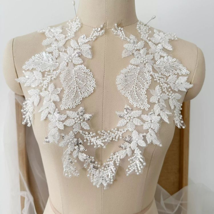 1 Yard Piece Pair White Corded Sequined Beaded Embroidered Guipure Bridal Lace Trim Applique Material Fabric SX186