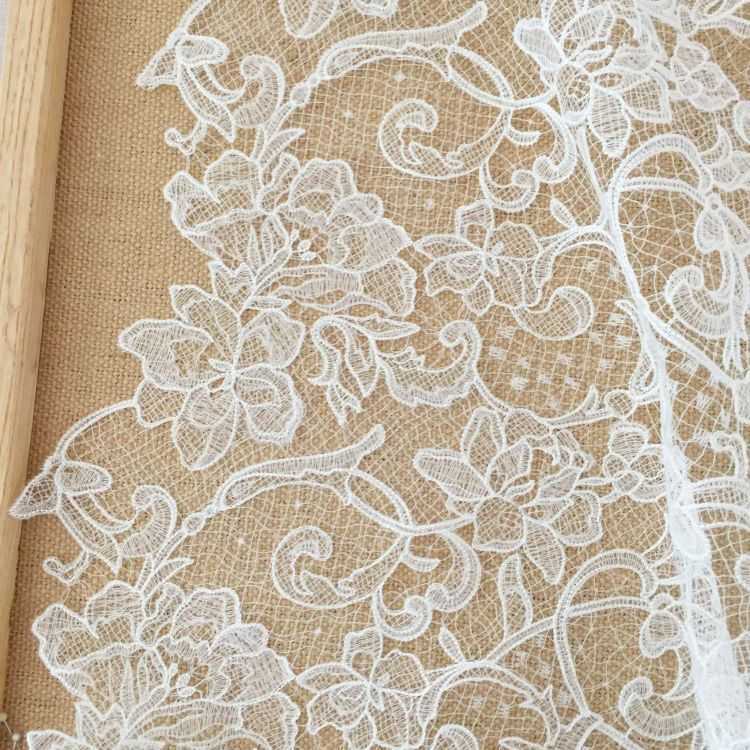 1 Yard Piece Pair White Corded Sequined Beaded Embroidered Guipure Bridal Lace Trim Applique Material Fabric SX175