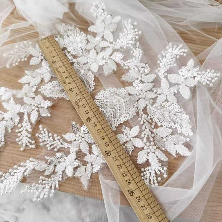 1 Yard Piece Pair White Corded Sequined Beaded Embroidered Guipure Bridal Lace Trim Applique Material Fabric SX186