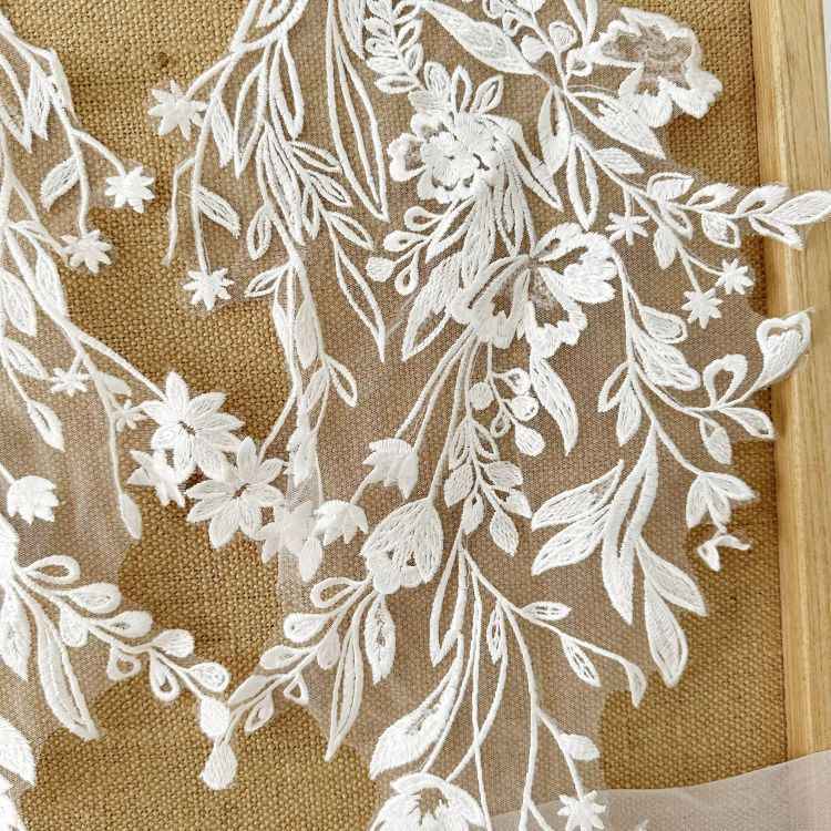1 Yard Piece Pair White Corded Sequined Beaded Embroidered Guipure Bridal Lace Trim Applique Material Fabric SX179