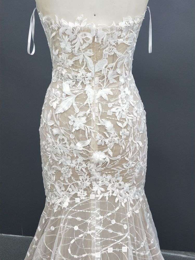 Sequined Lace Appliques Mermaid Off The Shoulder Sleeveless Long Train Bridal Dress BD005