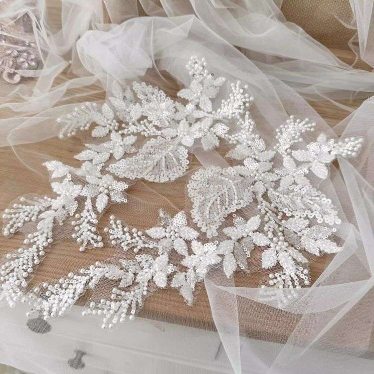 1 Yard Piece Pair White Corded Sequined Beaded Embroidered Guipure Bridal Lace Trim Applique Material Fabric SX186