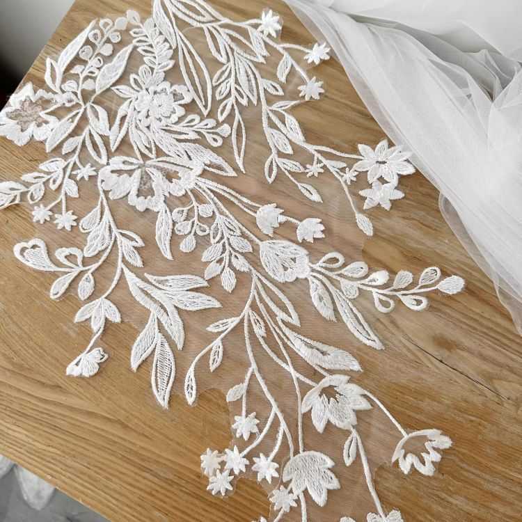 1 Yard Piece Pair White Corded Sequined Beaded Embroidered Guipure Bridal Lace Trim Applique Material Fabric SX179