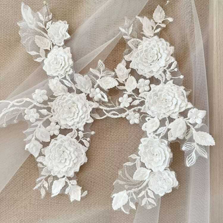 1 Yard Piece Pair White Corded Sequined Beaded Embroidered Guipure Bridal Lace Trim Applique Material Fabric SX188