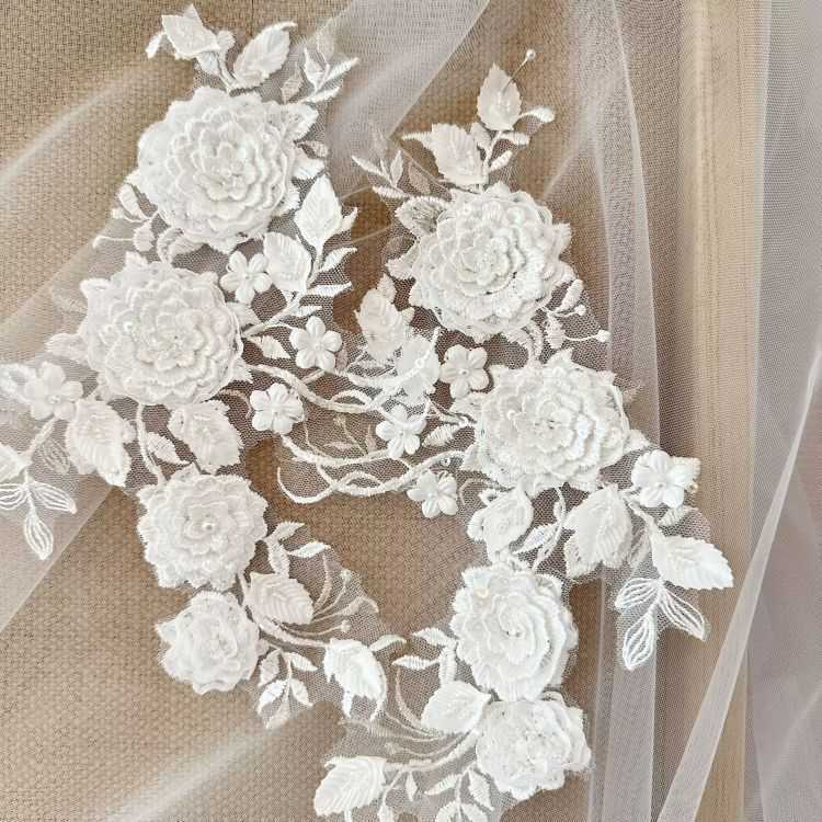 1 Yard Piece Pair White Corded Sequined Beaded Embroidered Guipure Bridal Lace Trim Applique Material Fabric SX188