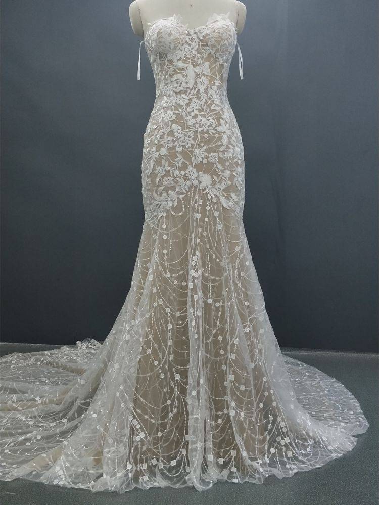 Sequined Lace Appliques Mermaid Off The Shoulder Sleeveless Long Train Bridal Dress BD005
