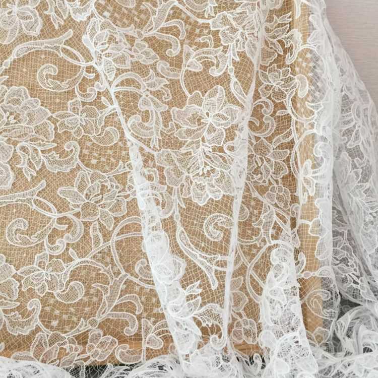 1 Yard Piece Pair White Corded Sequined Beaded Embroidered Guipure Bridal Lace Trim Applique Material Fabric SX175