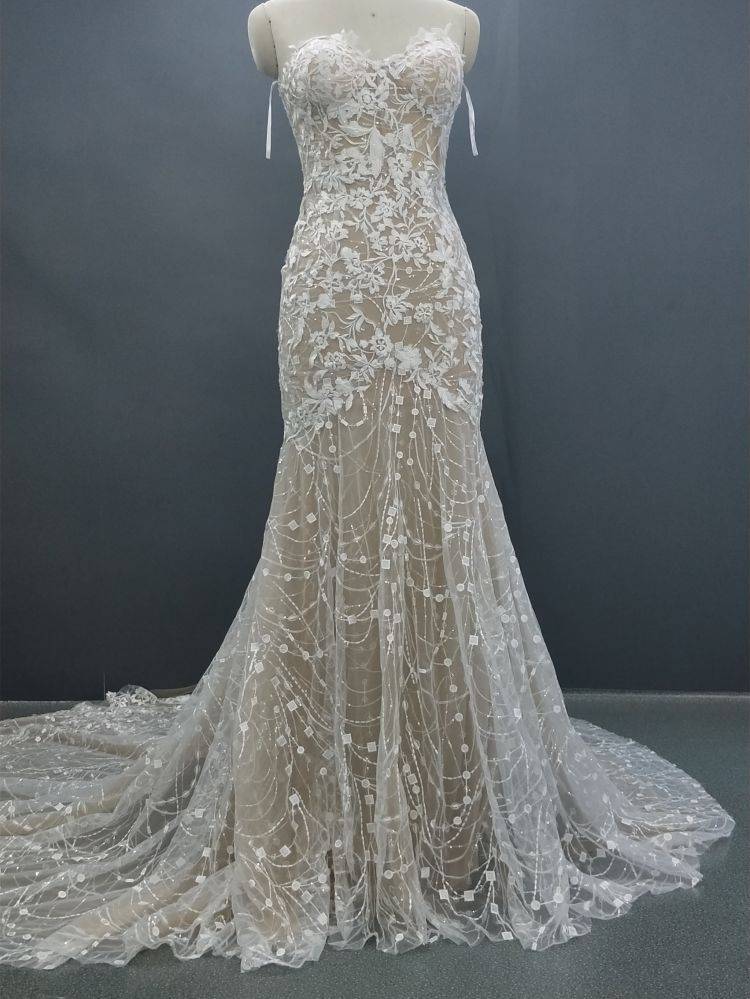 Sequined Lace Appliques Mermaid Off The Shoulder Sleeveless Long Train Bridal Dress BD005