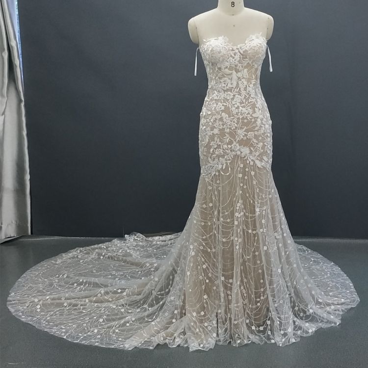 Sequined Lace Appliques Mermaid Off The Shoulder Sleeveless Long Train Bridal Dress BD005