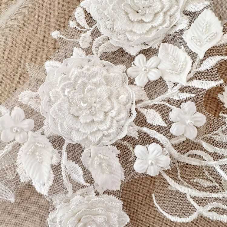 1 Yard Piece Pair White Corded Sequined Beaded Embroidered Guipure Bridal Lace Trim Applique Material Fabric SX188