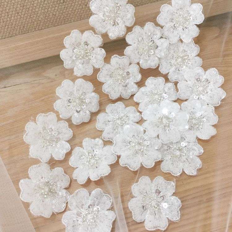 1 Yard Piece Pair White Corded Sequined Beaded Embroidered Guipure Bridal Lace Trim Applique Material Fabric SX189