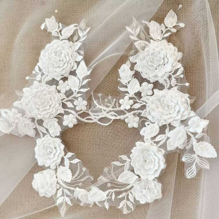 1 Yard Piece Pair White Corded Sequined Beaded Embroidered Guipure Bridal Lace Trim Applique Material Fabric SX188