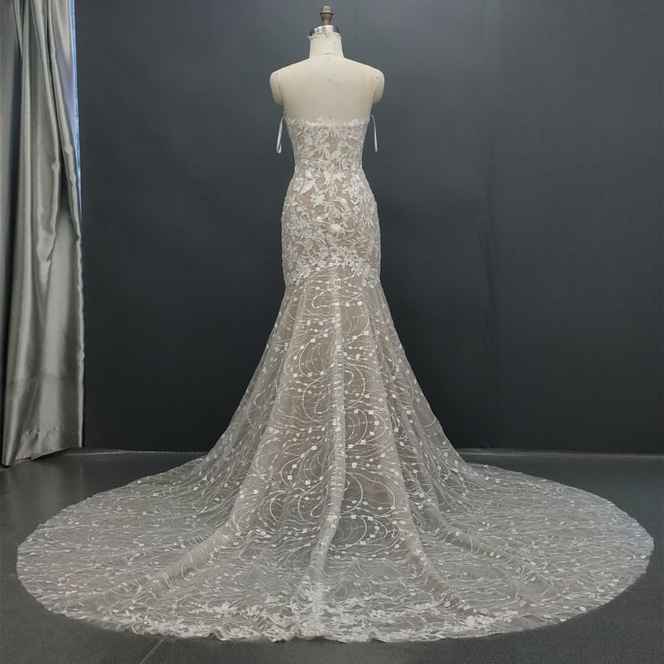 Sequined Lace Appliques Mermaid Off The Shoulder Sleeveless Long Train Bridal Dress BD005