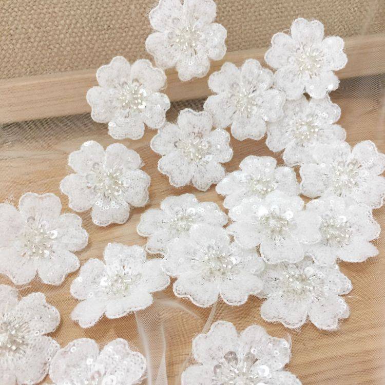 1 Yard Piece Pair White Corded Sequined Beaded Embroidered Guipure Bridal Lace Trim Applique Material Fabric SX189