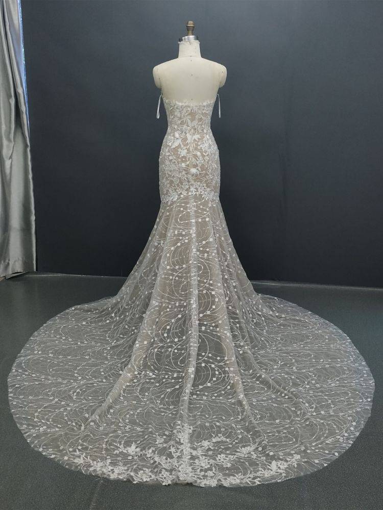 Sequined Lace Appliques Mermaid Off The Shoulder Sleeveless Long Train Bridal Dress BD005