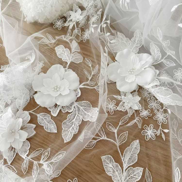 1 Yard White Pearls Beaded Embroidered 3D Floral Bridal Lace Material Fabric