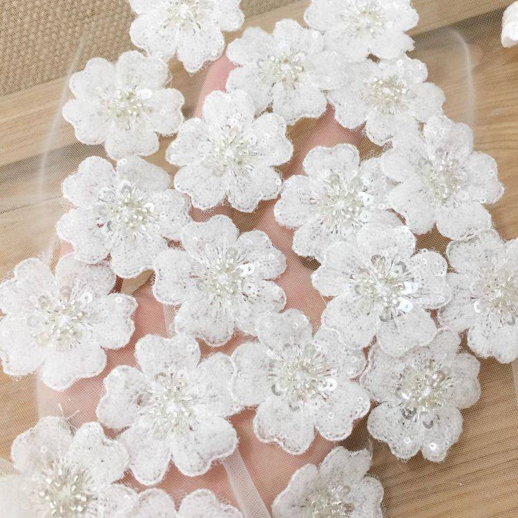 10 Pieces White Sequined Beaded Embroidered 3D Floral Bridal Lace Applique Material