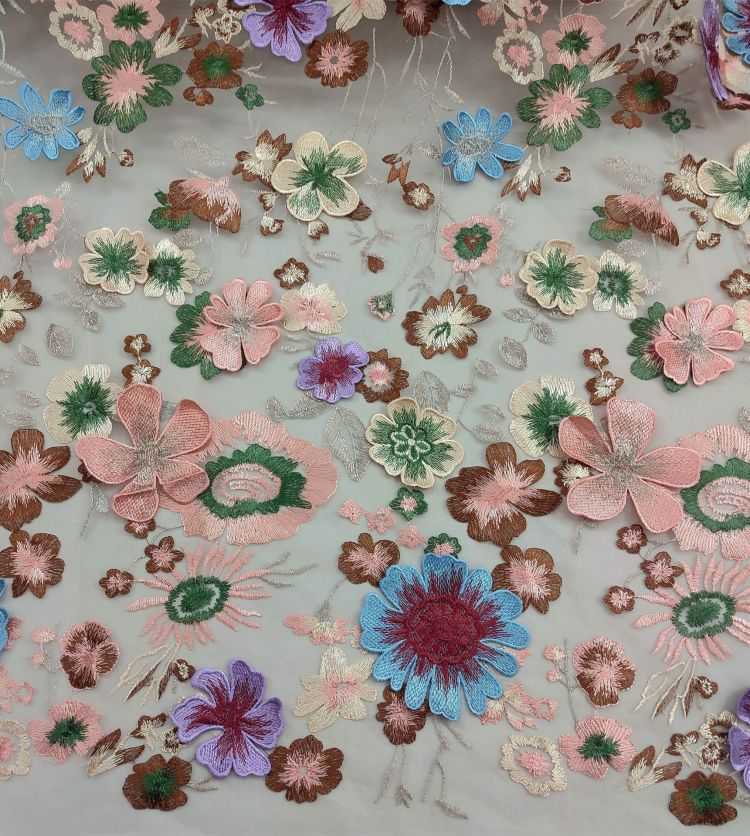 1 Yard Multi-Color Embroidered Lace Material Fabric JS011