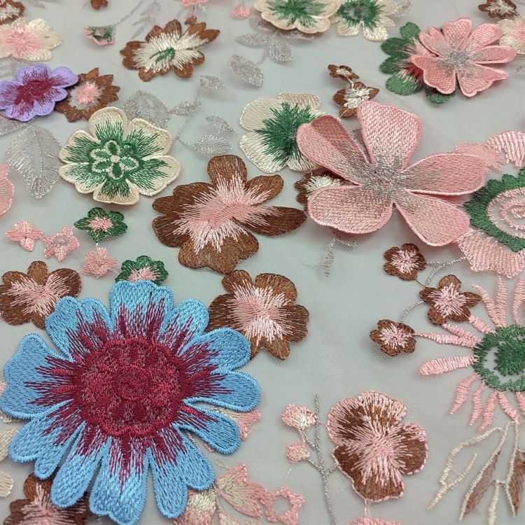 1 Yard Multi-Color Embroidered Lace Material Fabric JS011
