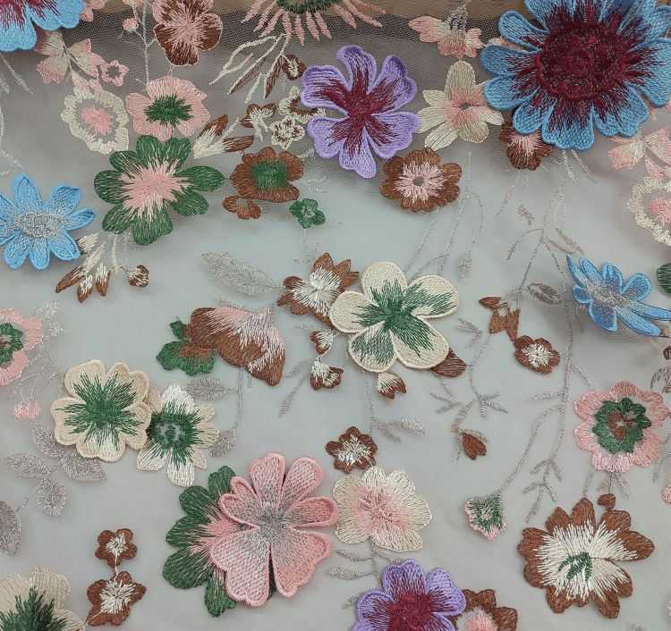 1 Yard Multi-Color Embroidered Lace Material Fabric JS011
