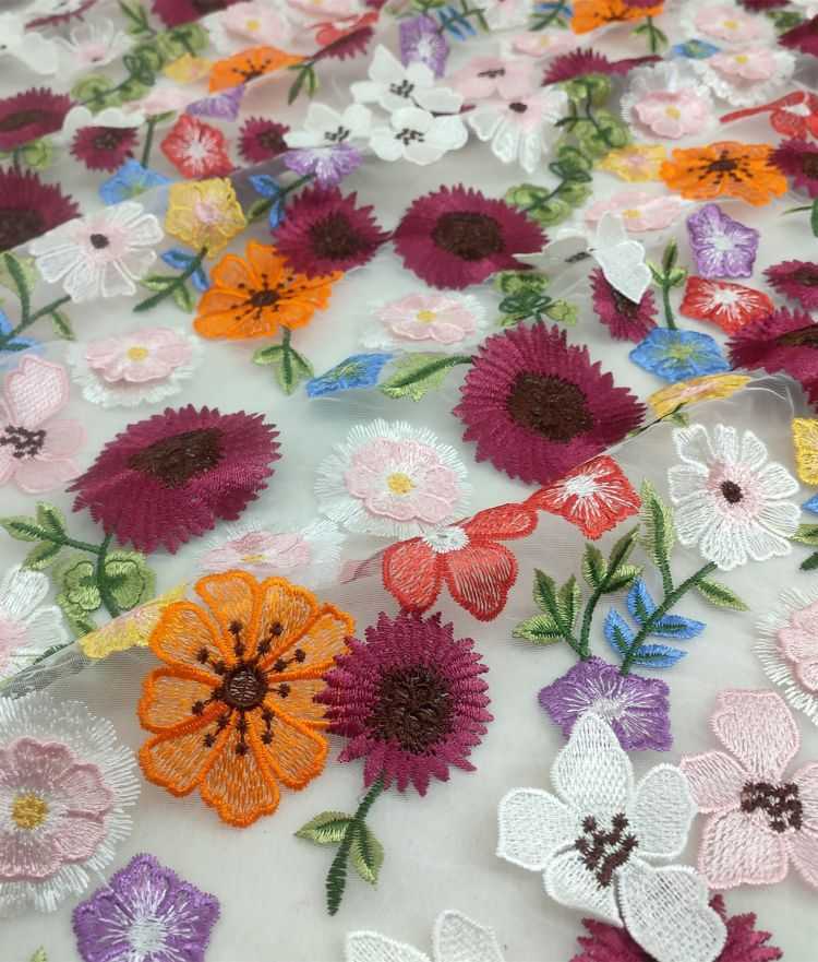 1 Yard Multi-Color Embroidered Lace Material Fabric JS008