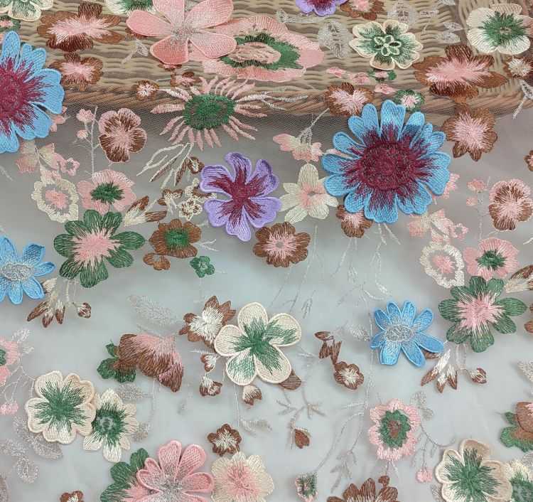 1 Yard Multi-Color Embroidered Lace Material Fabric JS011