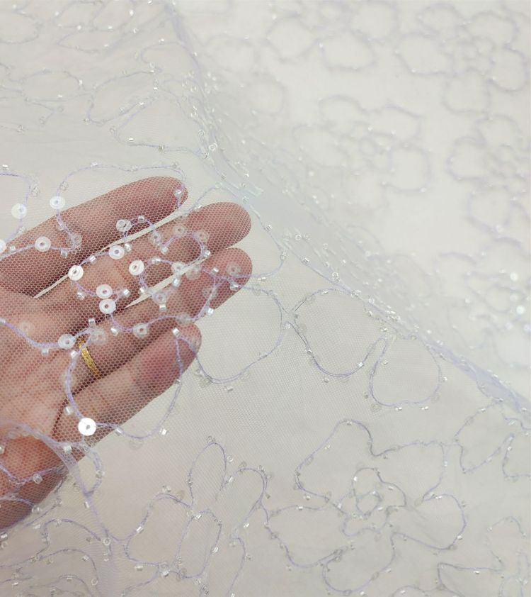 1 Yard White Sequined Beaded Bridal Lace Material Fabric JS044