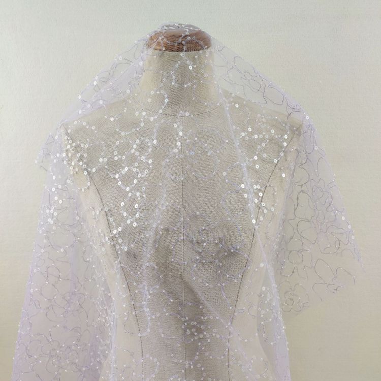 1 Yard White Sequined Beaded Bridal Lace Material Fabric JS044