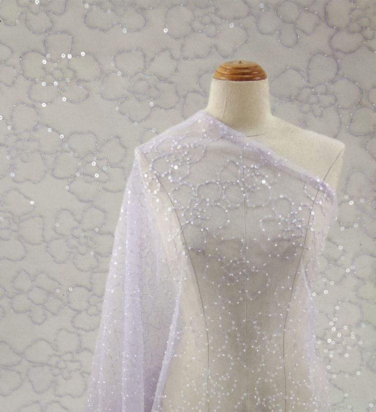 1 Yard White Sequined Beaded Bridal Lace Material Fabric JS044