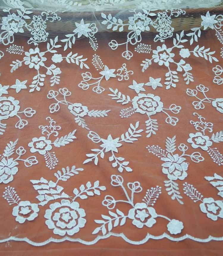 1 Yard White Embroidered Bridal Lace Material Fabric JS057