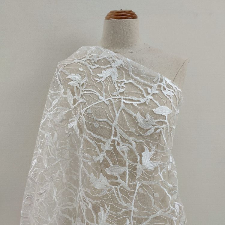 1 Yard White Sequined Embroidered Bridal Lace Material Fabric JS052