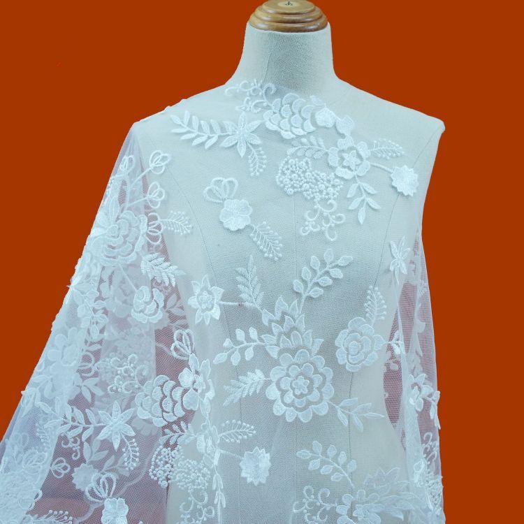 1 Yard White Embroidered Bridal Lace Material Fabric JS057