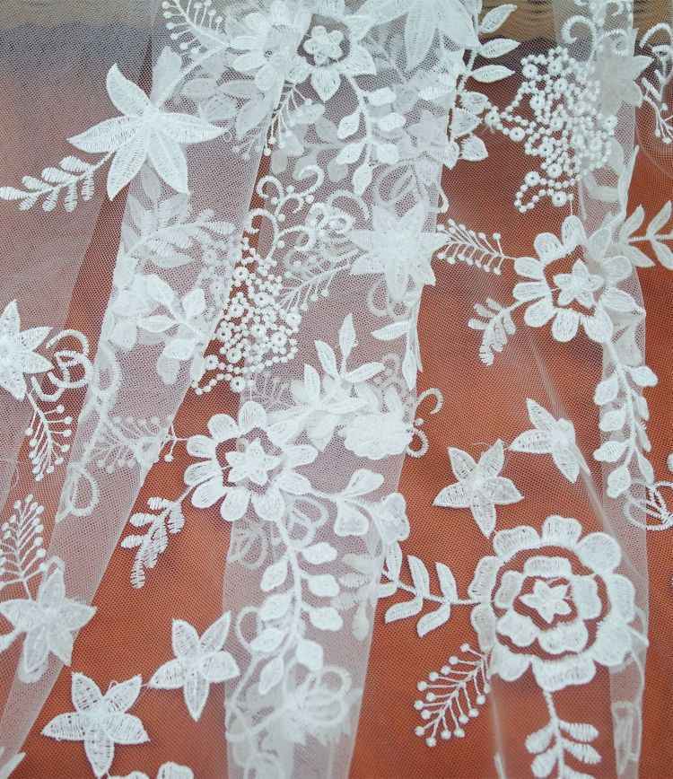 1 Yard White Embroidered Bridal Lace Material Fabric JS057