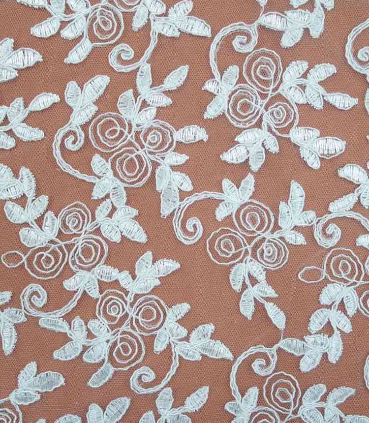 1 Yard White Corded Embroidered Bridal Lace Material Fabric JS055