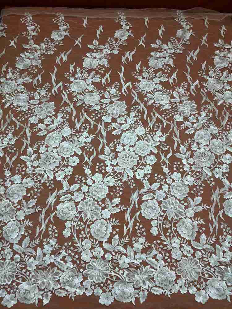 1 Yard White Sequined Beaded Multi-Color Corded Guipure Chantilly Embroidered 3D Floral Bridal Lace Material Fabric JS072