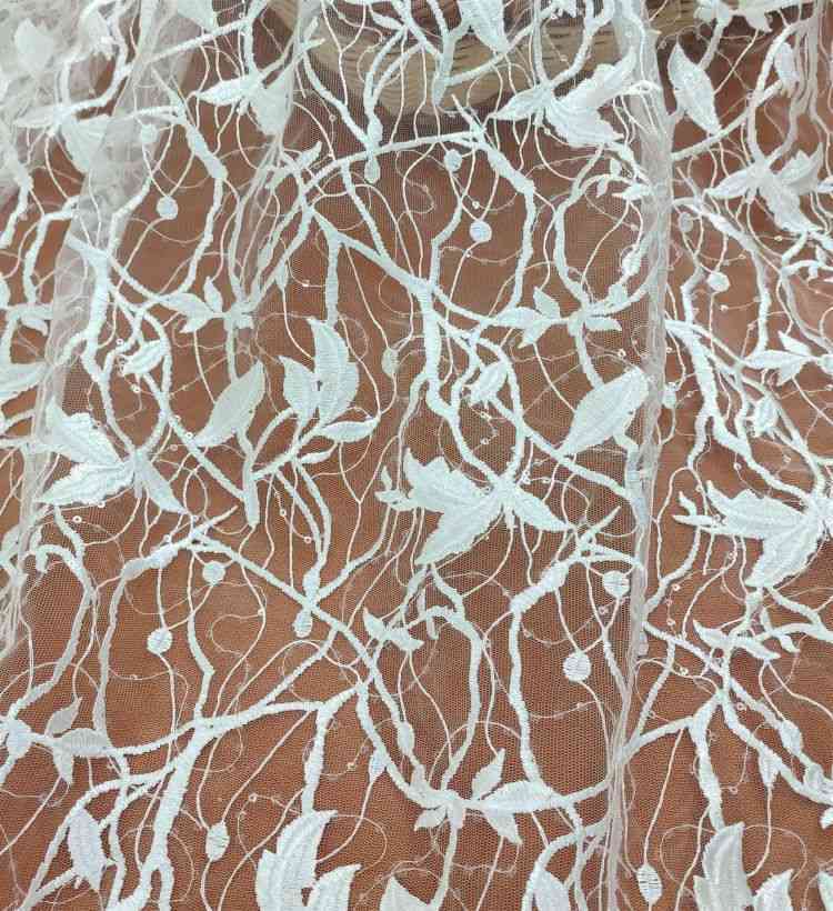 1 Yard White Sequined Embroidered Bridal Lace Material Fabric JS052