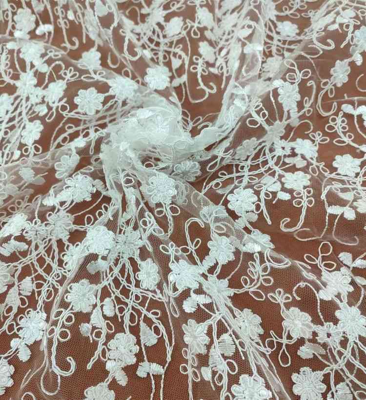 1 Yard White Corded Embroidered Bridal Lace Material Fabric JS054
