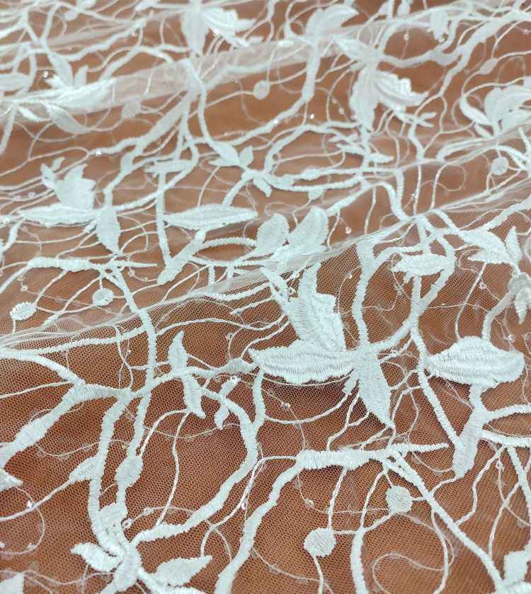 1 Yard White Sequined Embroidered Bridal Lace Material Fabric JS052