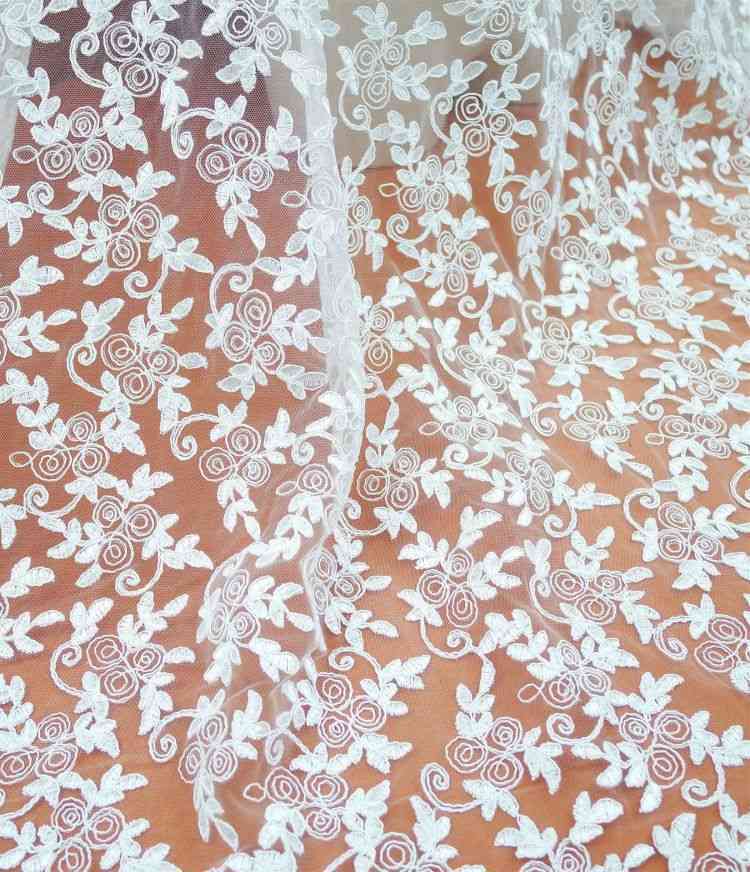1 Yard White Corded Embroidered Bridal Lace Material Fabric JS055