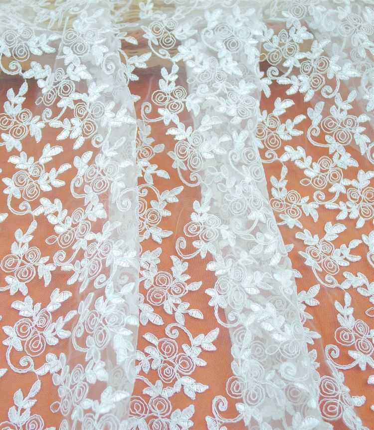 1 Yard White Corded Embroidered Bridal Lace Material Fabric JS055